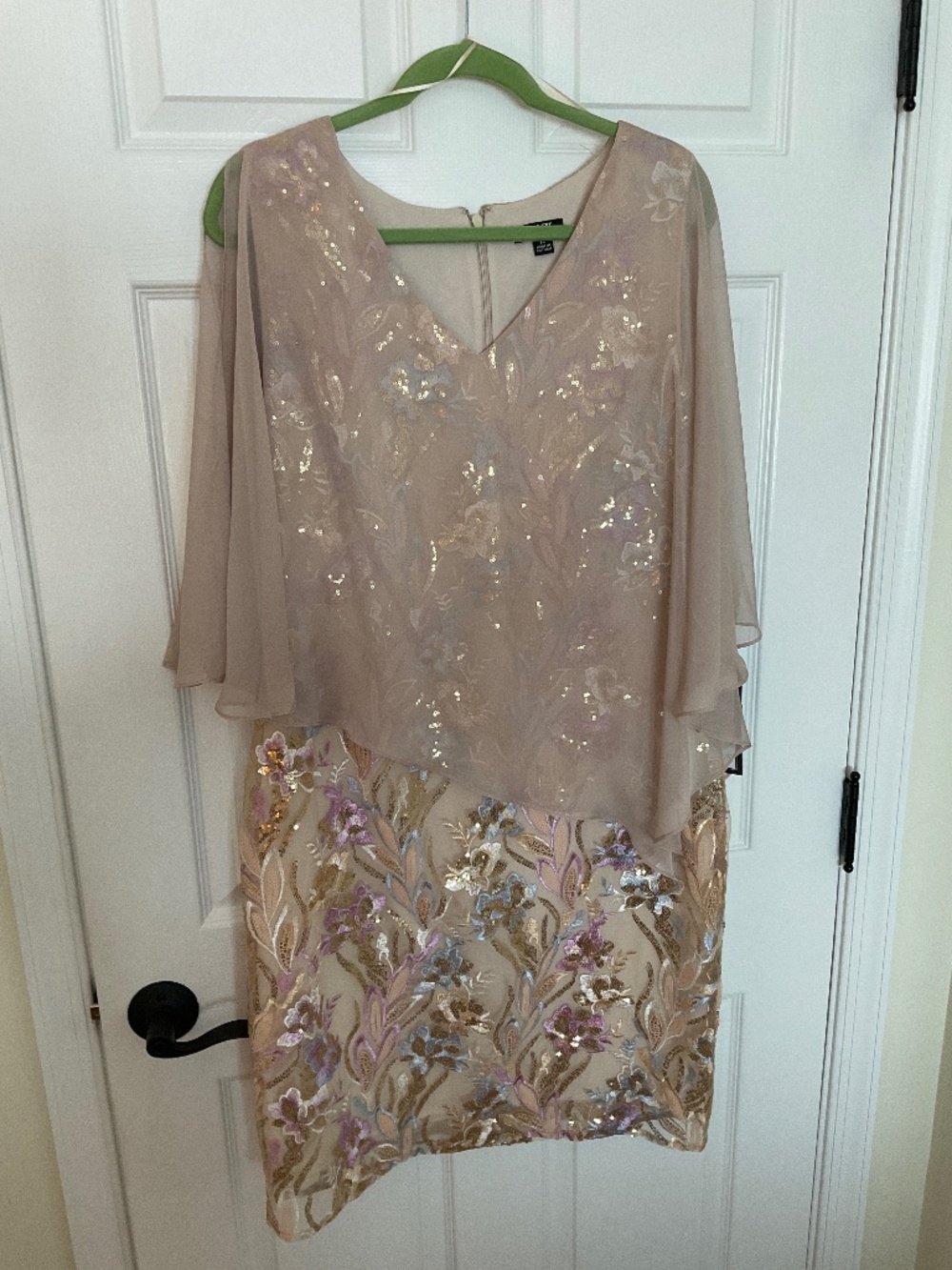 NWT, LADIES COCKTAIL DRESS ATTACHED CREAM COLORED SHEER CAPE OVER SPARKLY DRESS